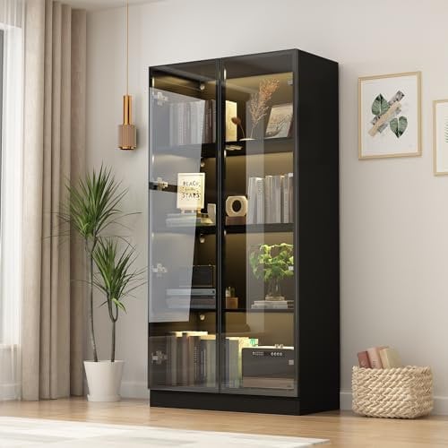 Armoire Vitrine pour Collection avec Portes en Verre et LED, Meuble de Rangement en Verre Debout avec 4 étagères, Design Pop-up,Salon Salle de Séjour Maison Noir