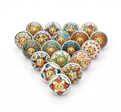 Rasiya Art Drawer Handles and Door Knobs Ceramic - Hand Painted Ceramic Pulls for Chest of Drawers Boho Decorative Handles Dresser Knobs - Multicolor Mandala - Pack of 20