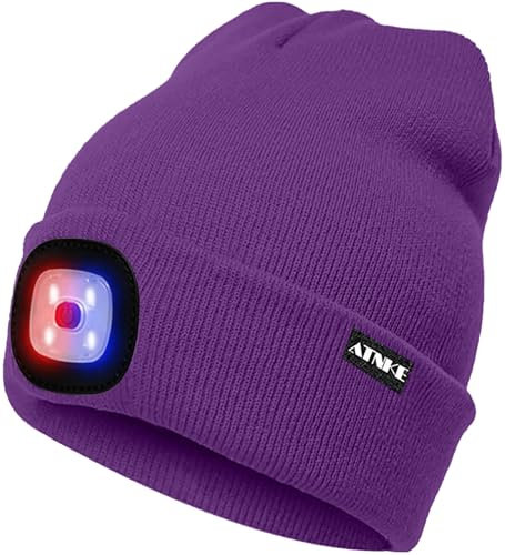 ATNKE LED Beleuchtete Mütze,Wiederaufladbare USB 4 LED Rot und Blau Leuchten Blinkender Laufmütze mit Licht Extrem Heller Lampe Winter Warme für Herren und Damen Geschenke/Inner Purple