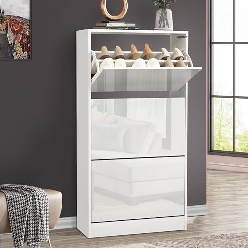 High Gloss Shoe Cabinet with 3 Drawer, Pull Down Wooden Shoe Storage Organizer Cupboard Shoes Rack Cabinet Freestanding Footwear Rack Stand Hallway Entryway Living Rooms White, 60W x 24D x 118H cm