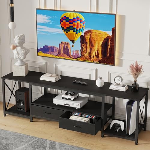 GYIIYUO TV Stand with Fabric Drawers for 65 70 75 Inches TV - Entertainment Center and Industrial TV Console Table with Open Storage Shelves for Living Room, Bedroom - 63.5 Black