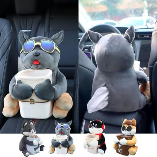 XDGJTBFMY Plüsch-Hunde-Auto-Tücherbox, 2-in-1-Auto-Tücherbox und Mülleimer, Auto-montierte Taschentuchbox, niedliche kreative Tier-Tücherbox für Auto, kreative Auto-Armlehnenbox, Mülleimer