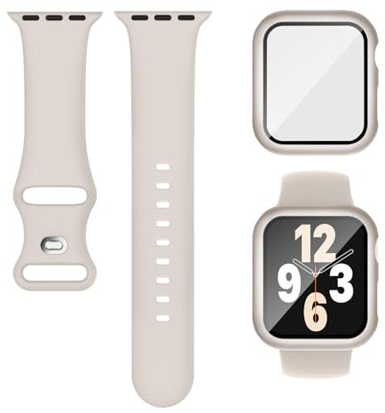3-IN-1 Kompatibel für Apple Watch Armband mit Hülle und Displayschutz 40mm 41mm, Weich Silikon Sport Band + Gehäuse Mit Glas Kompatibel für iWatch Series SE 9 8 7 6 5 4 Damen Herren Polarstern Beige