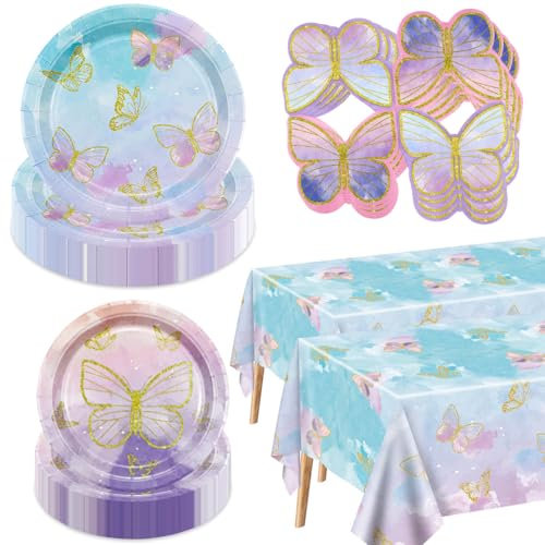 122 Piece Butterfly Decorations - Butterfly Paper Plates, Napkins, Tablecloth for Fairy Birthday Party