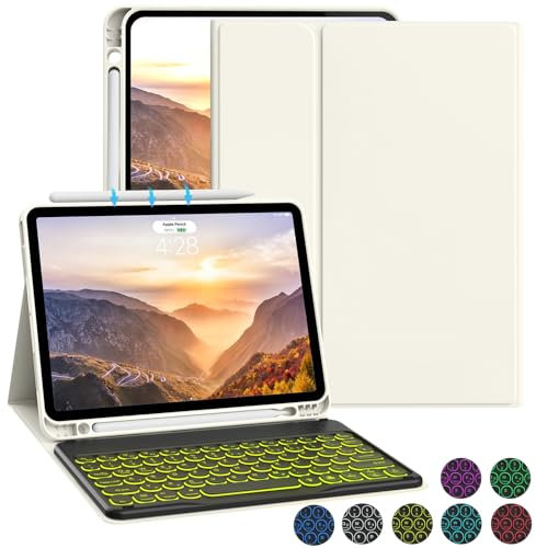ZOYU Hülle mit Tastatur Kompatibel mit iPad Air 6./ 5./ 4. Generation 11 Zoll M2/10,9 Zoll, 7 Farbige Beleuchtete Tastatur mit Hülle für iPad Air 2024/2022/2020, Cremeweiß