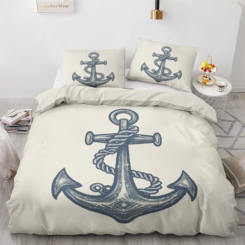 Generisch Sommer Bettwäsche 200x220 Anker - Nautische Maritim Bettbezug 200x220 3teilig mit 2 Kissenbezug 80x80, Weiche Mikrofaser Sommerbettwäsche mit Reißverschluss für Schlafzimmer Deko N-&24