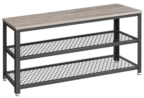 VASAGLE Schuhbank, Schuhregal mit 2 Gitterablagen, Aufbewahrung für Schuhe, 30 x 100 x 45 cm, für Eingangsbereich, Flur, Wohnzimmer, Metallgestell, Industrie-Design, Greige-schwarz LBS078K01