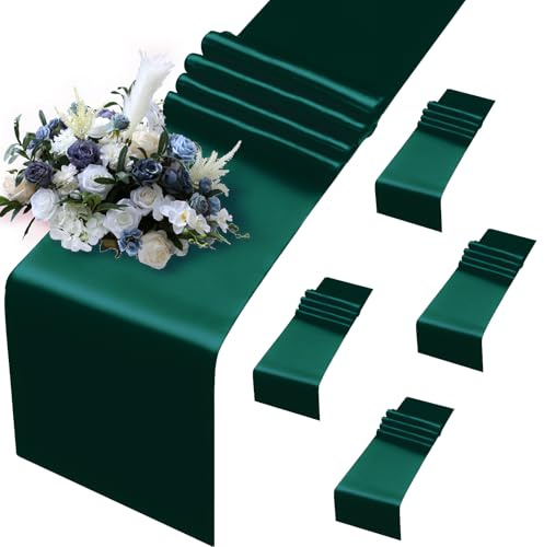 MILVOWOC Lot de 5 chemins de table en satin brillant - 30,5 x 274,3 cm - Vert forêt - Décoration pour mariage, banquet, fête, anniversaire, remise de diplôme