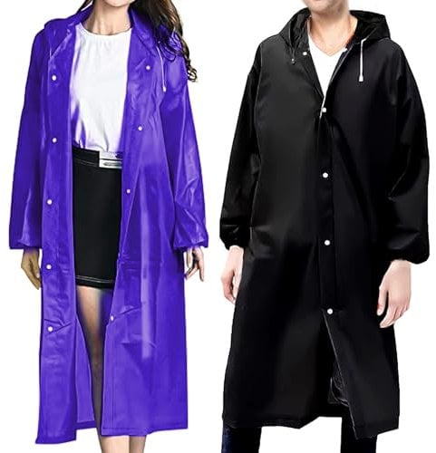 UZSUZZ 2 Pack Rain Ponchos, Waterproof Raincoats for Adults, Reusable Portable Rain Coat with Hoods and Sleeves, Rain Jacket Rainwear for Women Men Outdoor Travel Hiking Camping (Black & Purple)