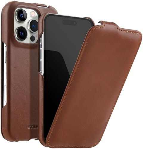 STILGUT UltraSlim passend für iPhone 16 Pro Max Hülle - iPhone 16 Pro Max Flip Case kompatibel mit MagSafe aus Leder, Klapphülle, Handyhülle, Lederhülle - Cognac