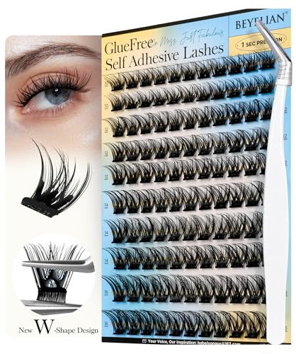 BEYELIAN Self adhesive Eyelashes Clusters, D Curl Pre Glued Lashes Cluster Kit with Lash Tweezer，Press on Eyelashes Clusetr
