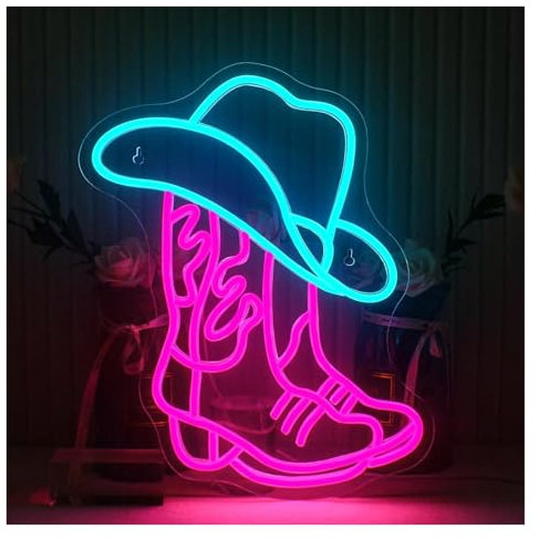WELSAA Hanging Art Neon Signs Cowboy Boot Hat Neon Sign LED Neon Light for Wall Decor Lamp Game Room Party Bar Sign Illuminated 38cmx33cm