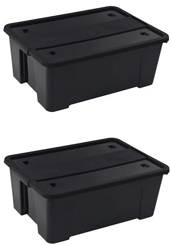 COSHANO Caja de almacenamiento pongotodo con tapa Plástica, herramientas, juguetes, ropa (PP reciclado) (36 Litros color negro con ruedas)