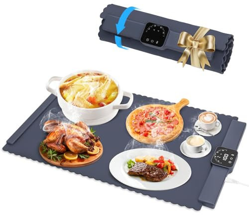 Chauffe Plat Électrique, Plaque Chauffante avec Température Réglable 60°C - 100°C et Minuteur de 4 Heures, Pliable Silicone Chauffe Assiette à Réchaud pour Bithday, Mariage, Fêtes et Buffets Banquet