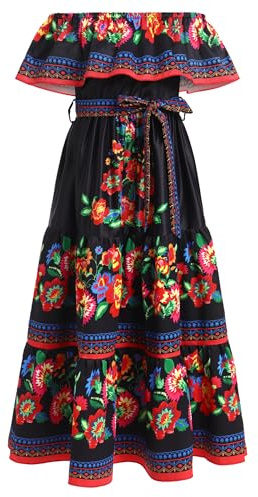 EFOGEP Robe mexicaine pour fille - Robe d'été bohème florale - Épaules dénudées - Traditionnelle Cinco De Mayo Fiesta - Robe folklorique bohème - Robe longue avec ceinture, Noir , 5-6 ans