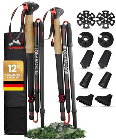 ALPENWERT Wanderstöcke faltbar [Carbon & Aluminium] Nordic Walking Stöcke Damen & Herren klappbar Trekkingstöcke – Ideal für Wandern, Trekking, UVM. (Aluminium)