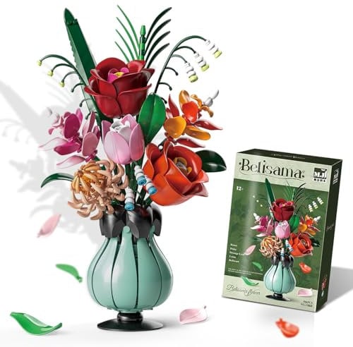 DINYOAN Rosen Blumenstrauß Bausatz mit Vase, 566 Stück Blumen Baustein DIY Blumenstrauß Set für Geschenke für Valentinstag, Muttertag, Kindertag, Geburtstag, Romantic Gifts, Kompatibel mit Lego Blume