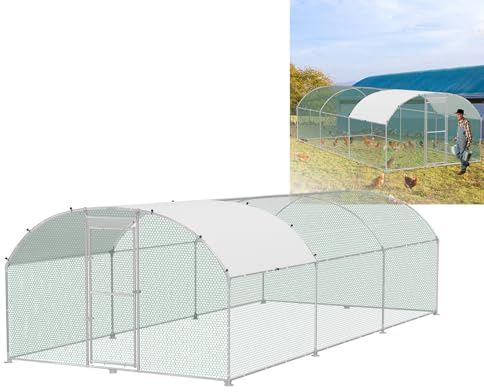 VANCHEMO Kuppeldach Hühnerstall 300x600x200cm Freilaufgehege Käfige Verzinkter Stahl Hühnerhaus Hühnergehege Ställe mit Sonnenschutzdach und Tür, Geflügelstall für Kleintiere und Haustierkäfig