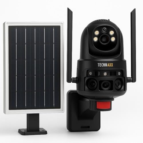 Technaxx 4G Dual-Kamera Außen-Sicherheitskamera mit 8W Solarpanel TX-329 – 3MP FullHD, 345° Rotation, Nachtsicht, 8000mAh Akku, PIR-Bewegungssensor, 2-Wege-Audio, IP65, 0,4s Auslösezeit
