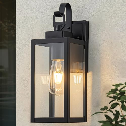 FTL Applique Murale E27 Extérieure Lanterne, Noir Mat Porche Luminaire Exterieur avec Abat-Jour en Verre Transparent, Jardin Lampe Exterieur, IP44 Etanche Éclairage Mural pour Couloir Entrée Balcon