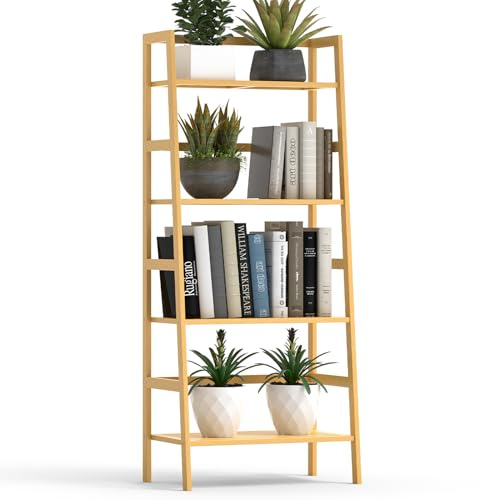 Thalomely Bamboo Bookshelf, 4-Tier Ladder Shelf Freestanding Space Saver Open Bookcase Book Shelf, Bamboo Storage Shelving Unit Flower Plant Stand for Living Room, Bathroom, Home Office, Natural