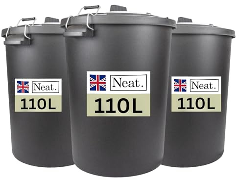 NeatPlastics Dustbin 110 L, Large Dustbin for Garden with Heavy-Duty Weather Resistant and Food Grade Material, Trash Can Garbage Bin With 2 Clip Locking Lid for Indoor & Outdoor Waste, Pack of 3