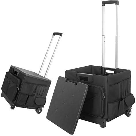 Heavy-Duty Folding Trolley Box Cart, Collapsible Trolley Box with Wheels & Expandable Storage - Foldable Shopping Trolley with Lid & Canvas Bag, Mobile Organiser Box for Travel, Office & Outdoor Use