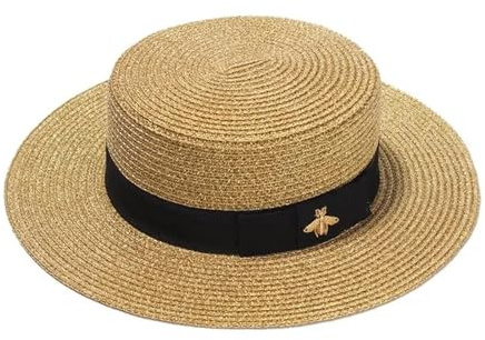 LOVSSU Beach Straw Hat Ladies Sun Fedora Hats Shiny Straw Hat European American Retro Gold Braided Female Sunshade Flat Sequins Hat For Beach(Khaki)