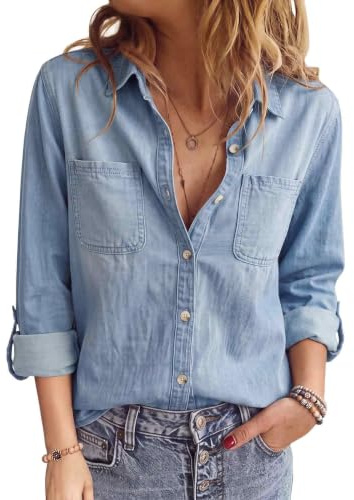 PASUDA Camicia Donna Jeans a Manica Lunga Casual | Scollo a V Camicia Jeans con Bottoni,Basic Jacket, Elegante Denim Shirt,con Tasche Sul Petto,Primavera Autunno Tunica Blusa