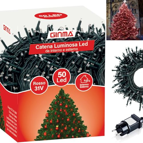 GINMA - Luci Natale Interno e Esterno LED con 8 Effetti Luce, Certificate, Basso Consumo e Impermeabili (Rosso, 3 metri (50 LED))