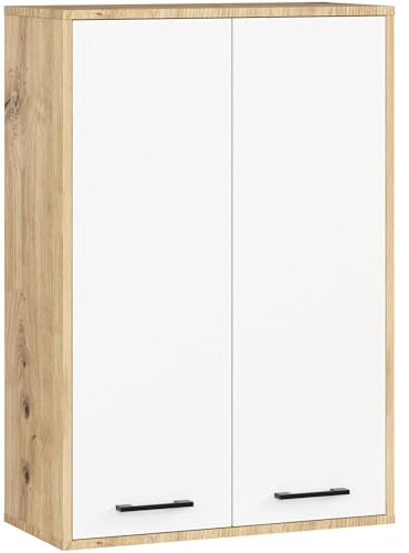 AKORD Badezimmer-Hängeschrank FIN 64 cm 2 Türen B64xH94xT30 cm - mit Ablagen - Badschrank, Wandmontiert Gewicht 8,10kg Eiche Artisan & Weiß