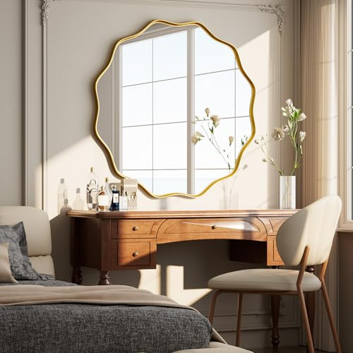 Koonmi Wavy Round Wall Mirror, 50 cm, Gold | Metal frame, Textured frame, Wall-mountable, Suitable for bathrooms and hallways/entryways