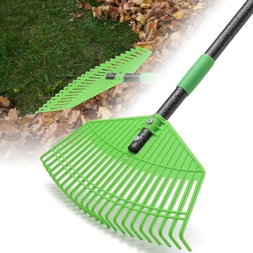 Rechen, 107cm Laubrechen mit Verstellbar Stiel - 42cm Große Fläche Gartenrechen Laubharke aus Kunststoff mit Verstärkten 23Zinken, Rasenrechen zum Reinigen von Pflanzen, Rasen und Hof
