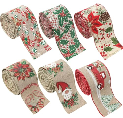 6 Rollen Weihnachtsband mit Drahtkante – je 2,2 Yards x 2,5 Zoll – Festliches Band mit Auto, Weihnachtsmann, Glocken, Kiefernzapfen, Bonbons & Blumen – Geschenk, Baum, Kranz & DIY