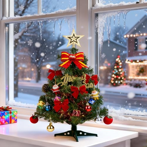 Artificial Mini Christmas Tree Tabletop Christmas Trees 45cm/17.7in, Miniature Desk Xmas Tree with Lights & Ornaments Mini Desktop Decoration For Home Kitchen Office Desk Bar Decor