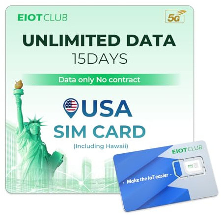 EIOTCLUB USA Prepaid SIM-Karte, Unbegrenzte Daten für 15 Tage, 5G Highspeed Internet für USA Reisen, Daten SIM ohne Vertrag, automatische Netzwahl (kompatibel AT&T & T-Mobile), inkl. Alaska & Hawaii