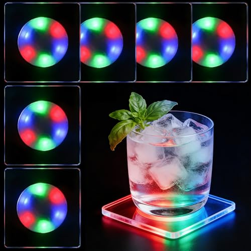 6er Quadratisch Bunt LED Untersetzer mit 3 Beleuchtungsmodi, 10cm Leuchtende Untersetzer für Getränke, Acryl Leuchtende für Gläser Flaschen Partys Hochzeiten Bar Weihnachten Hochzeiten