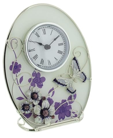 Lavender Butterfly and Flowers Glass Oval Clock - Make An Excellent Gift For That Special Lady. Ideal Birthday / Anniversary Gift