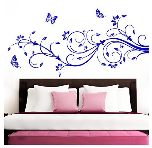 Grandora Wandtattoo XXL Blumenranken Schmetterlinge Blumen I brilliantblau (BxH) 160 x 69 cm I Schlafzimmer Liebe Flur Wohnzimmer modern Aufkleber Wandaufkleber W1073