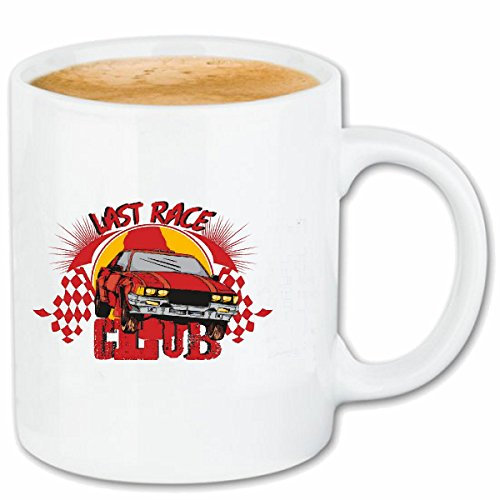 Reifen-Markt Kaffeetasse LAST RACE CLUB US CAR V8 HOT ROD US CAR MUCLE CAR V8 ROUTE 66 USA AMERIKA Keramik 330 ml in Weiß