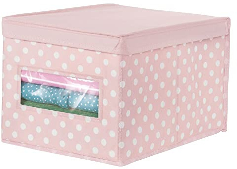 mDesign Aufbewahrungsbox aus Stoff (groß) – stapelbare Stoffbox zur Ablage von Kleidung oder Schuhen und als Schrankbox – gepunktete Aufbewahrungskiste mit Deckel und Sichtfenster – rosa und weiß
