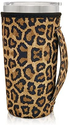 AJLTPA Portavasos de neopreno aislado con asa para vasos de 20 onzas, funda reutilizable para café helado, compatible con Starbucks Trenta, Dunkin Large, más (leopardo)
