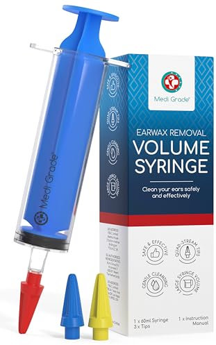 Kit Élimination de Bouchon d’Oreille – Nettoyage Oreille Sûr par Medi Grade – Nettoyeur Oreille – Livré avec Seringue 60ml, Embouts – 3 bouts à Quadruple Jet – Nettoyage Auriculaire