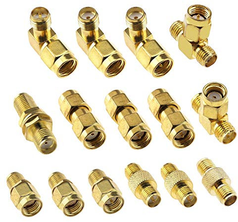 YINETTECH 15-teiliges SMA Adapter Kit Standard SMA auf SMA Stecker Buchse HF Koaxial Steckverbinder Kit SMA und RP SMA Messing Steckadapter mit rechtwinkligem Geradem Dreiwege Steckverbinder