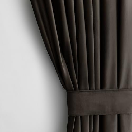 AmeliaHome Set Vorhang H 245 x B 140 cm mit Raffhalter 54 x 10 cm Velvet Optik Dunkelbraun 1 St. Ösenschal Samt Halbverdunkelungsvorhang Fensterdekoration Leicht Schimmernd Dekoschal Dekorvorhang