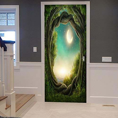 A.Monamour Türtapete Selbstklebend Türfolie Türposter 3D Verzauberte Fee Alten Baum Öffnung Loch Vollmond Magisch Vinyl Folie Türdeko Tapete Wandbild Türaufkleber Türtattoo 90 x 200 cm