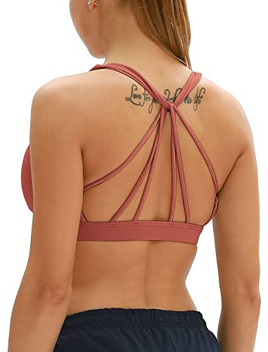icyzone Damen Yoga Sport-BH mit Gepolstert - Atmungsaktiv Ohne Bügel Sports Bra, Stappy Fitness Gym BH (XL, Copper Brown)