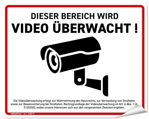 HAGEFOL® Aufkleber Videoüberwachung (15x12 cm - klein) mit DSGVO Hinweis, Luftkanalfolie: blasenfrei kleben, Kamera Warnhinweis für Überwachungskamera oder Kamera Attrappe