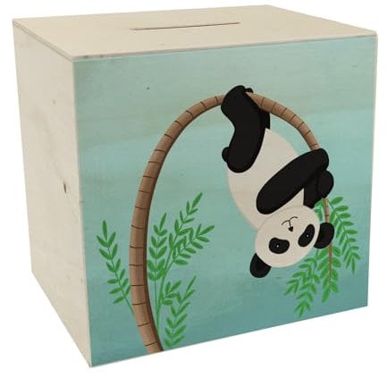 Panda auf Bambus Spardose aus Holz Sparbüchse aus Holz mit witzigem Pandabär als KinderSpardose aus Holz mit dem Lieblingstier Pandabär