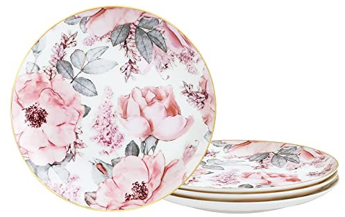 fanquare 20cm Bone China Salatteller mit Goldrand, Pink Floral Pasta Schalen 4er Set, Porzellan Dessertteller, Britische Lunch-Teller
